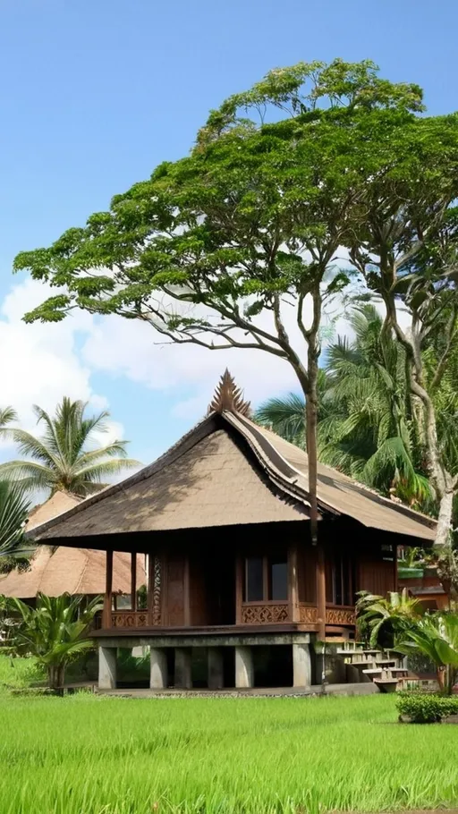 Prompt: Indonesia traditional House modern style, big land, Indonesia, tree view, wood, bali house, joglo, land