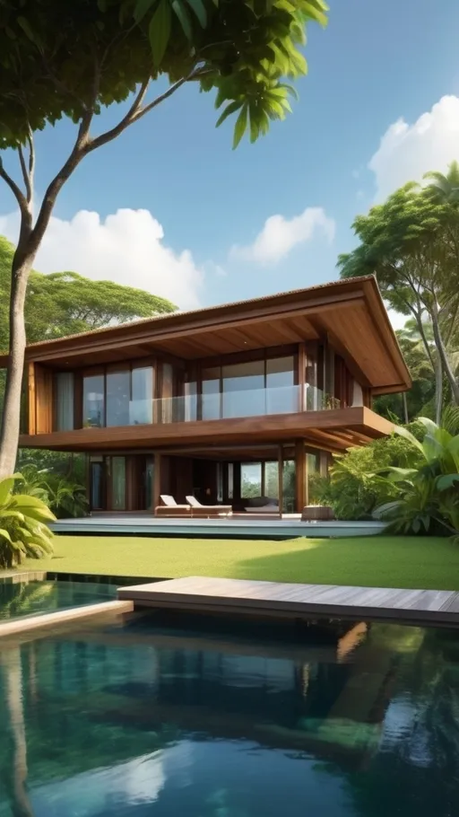 Prompt: House with tropical combine modern style, big land, Indonesia, sea view, wood, tree