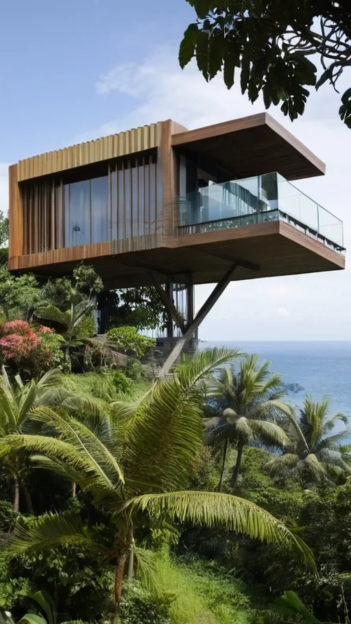 Prompt: House with tropical combine modern style, big land, Indonesia, sea view, wood, tree