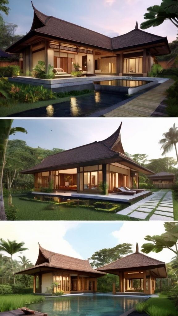 Prompt: Indonesia traditional House modern style, big land, Indonesia, tree view, wood, bali house, joglo, land