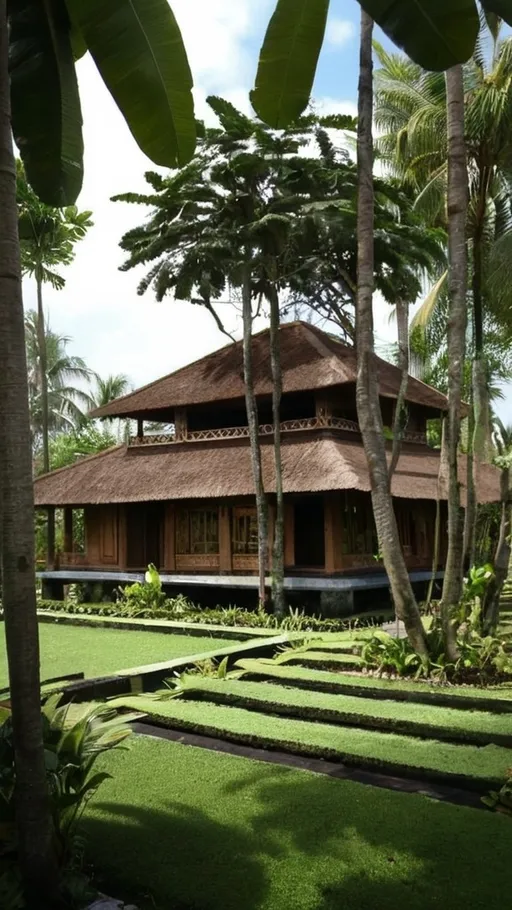 Prompt: Indonesia traditional House modern style, big land, Indonesia, tree view, wood, bali house, joglo, land