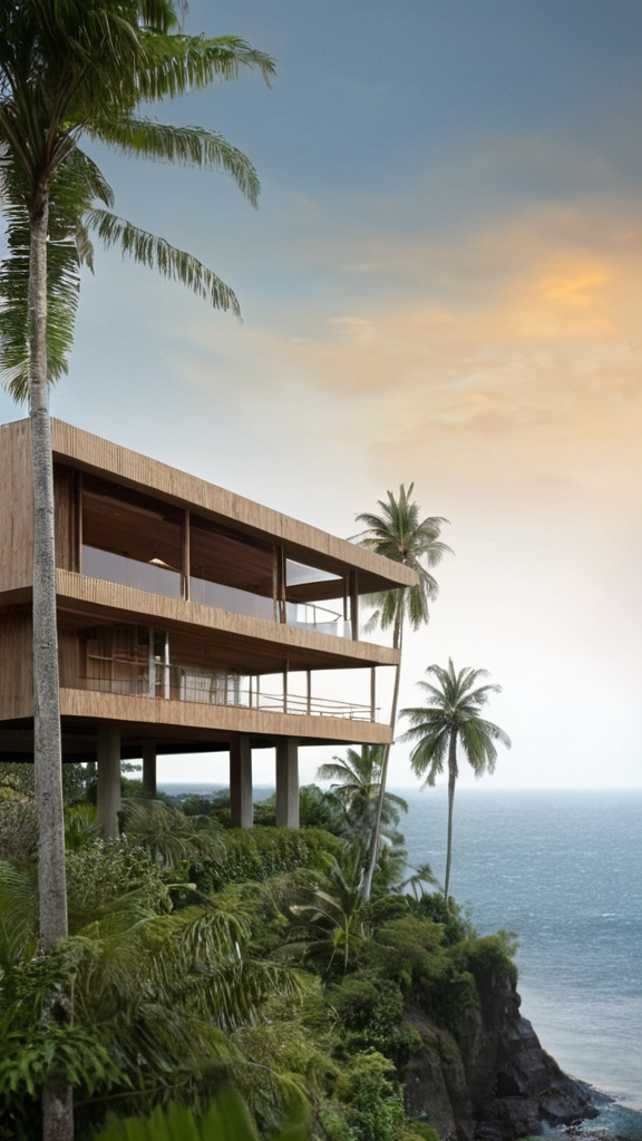 Prompt: House with tropical combine modern style, big land, Indonesia, sea view, wood, tree