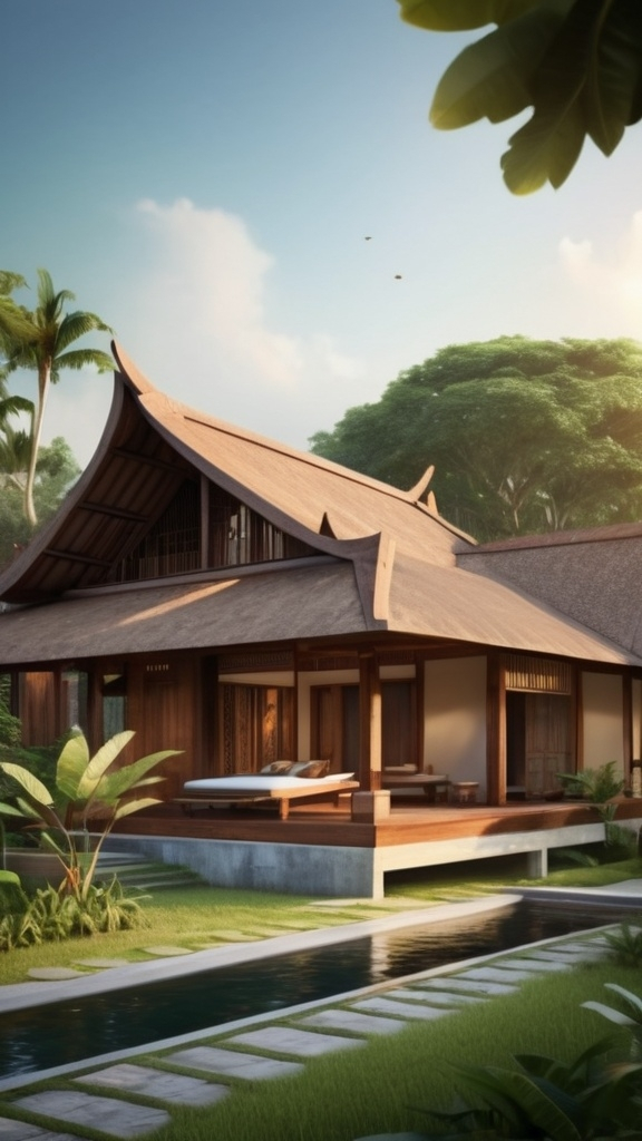 Prompt: Indonesia traditional House modern style, big land, Indonesia, tree view, wood, bali house, joglo, land