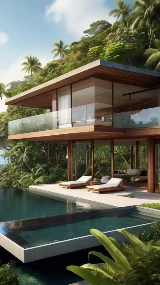 Prompt: House with tropical combine modern style, big land, Indonesia, sea view, wood, tree