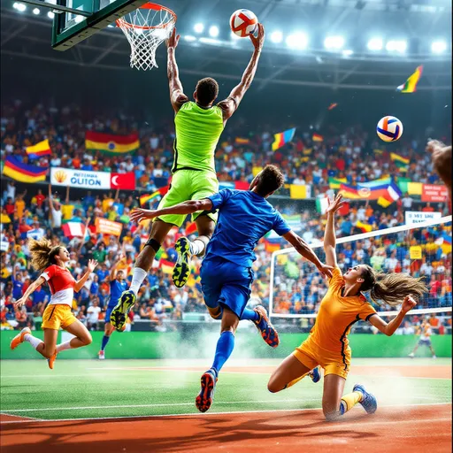Prompt: Dynamic composition of multiple sports characters, vibrant colors, energetic poses, showcasing various sports gear and action movements, background depicting a lively stadium scene, high-intensity atmosphere, cheerful and engaging mood, ultra-detailed, 4K resolution, capturing the spirit of competition and teamwork in sports.