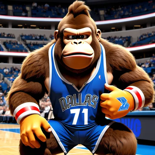 Prompt: Donkey Kong wearing a Dallas mavericks jersey make sure it's #71