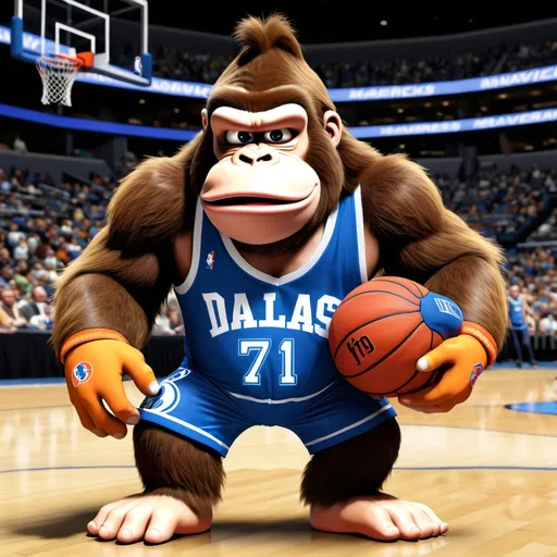 Prompt: donkey kong wearing a dallas mavericks 71 jersey with a basketball