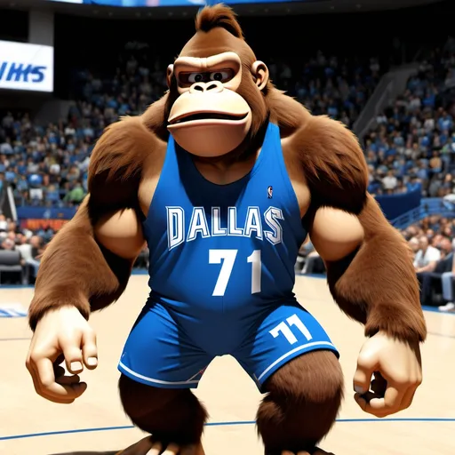 Prompt: Donkey Kong wearing a Dallas mavericks jersey make sure it's #71