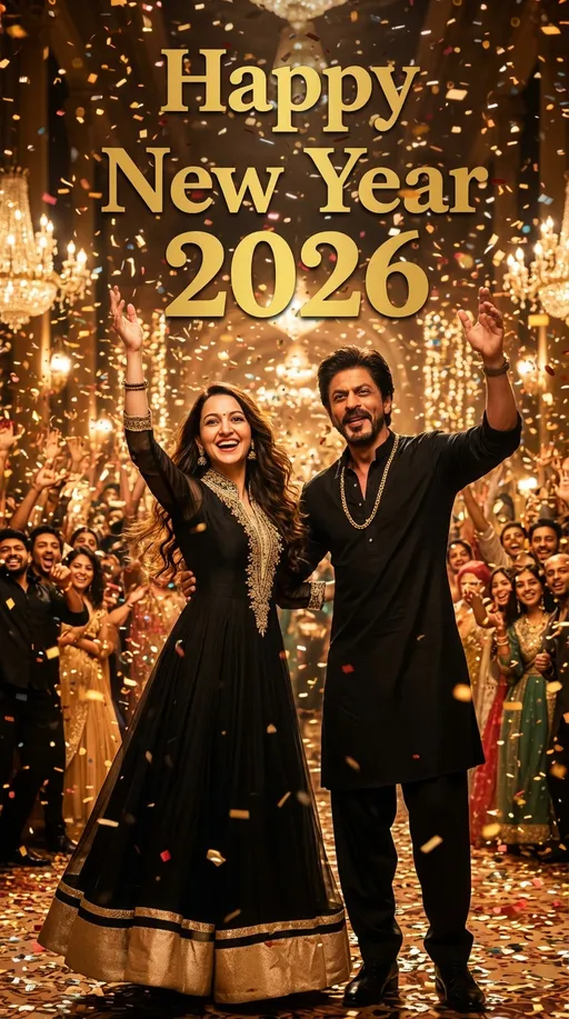 Prompt: This is a photograph depicting a celebratory New Year scene. The image features a couple standing in the center, both smiling and raising their hands in celebration. The woman, on the left, is wearing a traditional black lehenga with intricate gold embroidery along the neckline and hem, and she has long, wavy hair. The man, on the right, is dressed in a black traditional kurta with a gold chain and black pants. Confetti is falling around them, adding a festive atmosphere. In the background, a large crowd of people, also dressed in traditional attire, is cheering and celebrating. The setting is a grand hall with high ceilings and numerous chandeliers, which are illuminated, creating a warm, golden glow. The words "Happy New Year 2026" are prominently displayed at the top in large, gold, bold letters. The overall color palette of the image includes gold, black, and white, with a festive and joyful ambiance. The texture of the traditional clothing is rich and detailed, contrasting with the soft, falling confetti. The photograph captures a moment of celebration and joy, emphasizing the cultural and festive spirit of the occasion.
