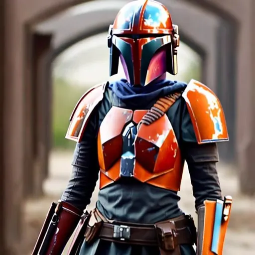 Prompt: Sabine Wren  in red mandalorian armor from the neck down, show full head, she has short hair, blue eyes, dangerous but beautiful.