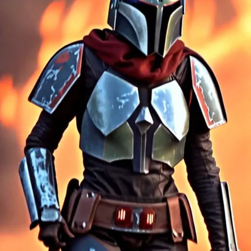 Prompt: Sabine Wren  in red mandalorian armor from the neck down, show full head, dangerous but beautiful.