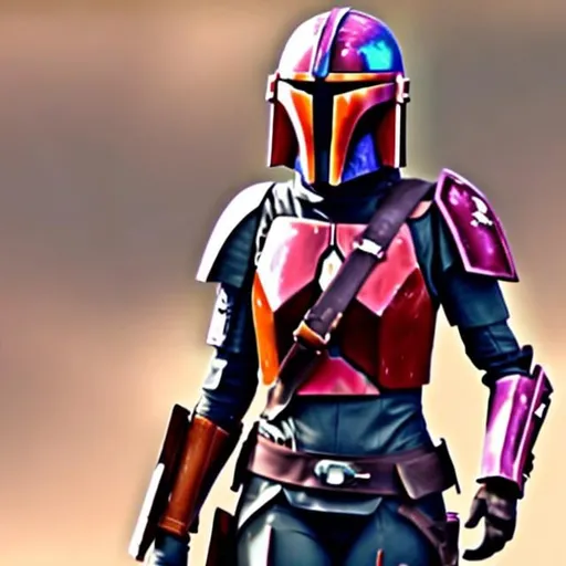 Prompt: Sabine Wren  in red mandalorian armor from the neck down, show full head, she has short hair, blue eyes, dangerous but beautiful.