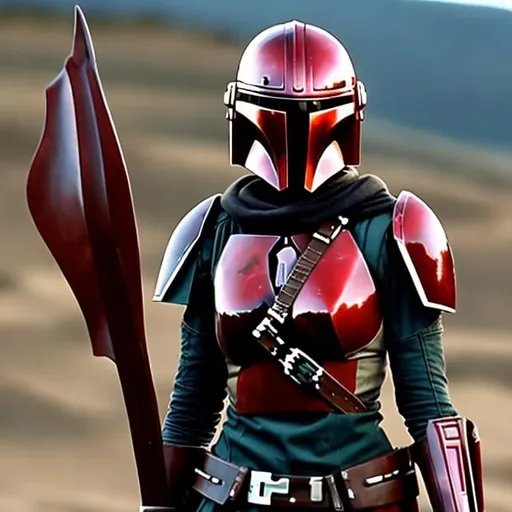 Prompt: red head woman in red mandalorian armor from the neck down, show full head, she has short red hair, blue eyes, dangerous but hot.