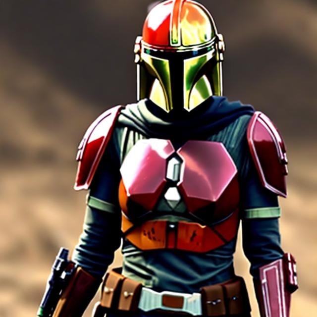 Prompt: blond woman in red mandalorian armor from the neck down, show full head, she has short blond hair, blue eyes, dangerous but beautiful.