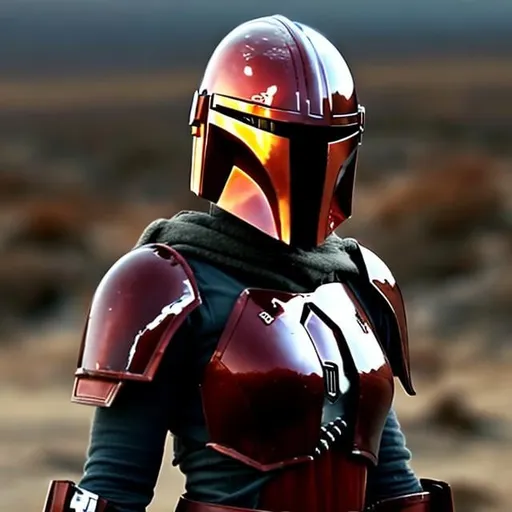 Prompt: red head woman in red mandalorian armor from the neck down, show full head, she has short red hair, blue eyes, dangerous but hot.