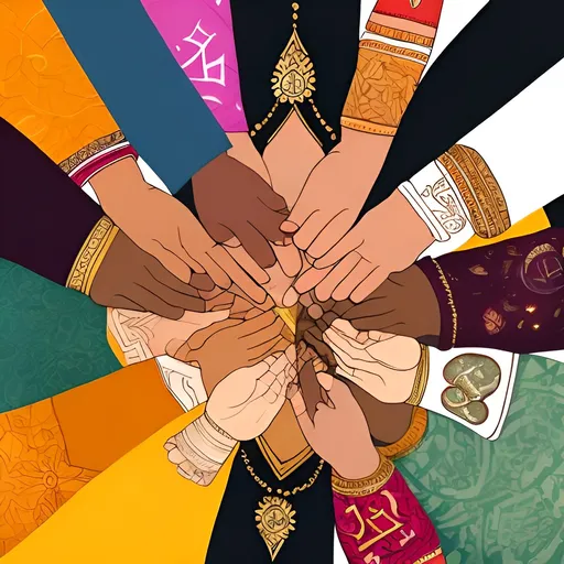 Prompt: Illustrate a diverse group of individuals from different cultures and religions coming together in harmony, perhaps holding symbols of their respective faiths while embracing a shared spiritual essence.