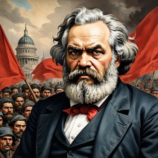Prompt: Angry depiction of Karl Marx, intense expression, redlining protest, vintage oil painting, detailed wrinkles, historical setting, high quality, vintage, oil painting, protest, intense expression, anger, historical, detailed, vintage colors, dramatic lighting