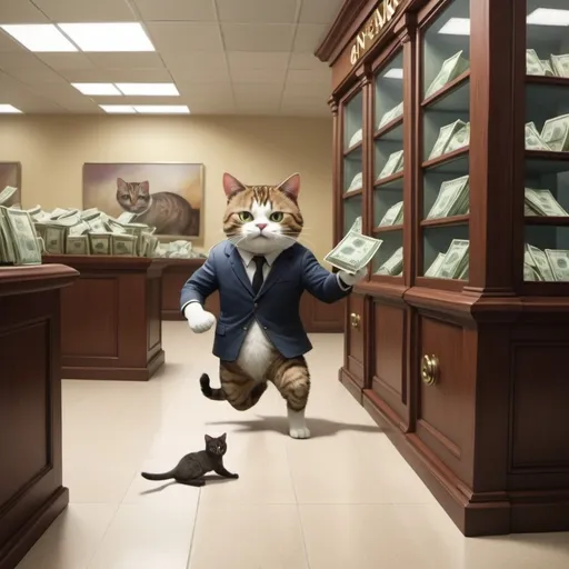 Prompt: a cat robbing a ginormous bank It was make sure there’s a bunch of cats and make it very realistic
