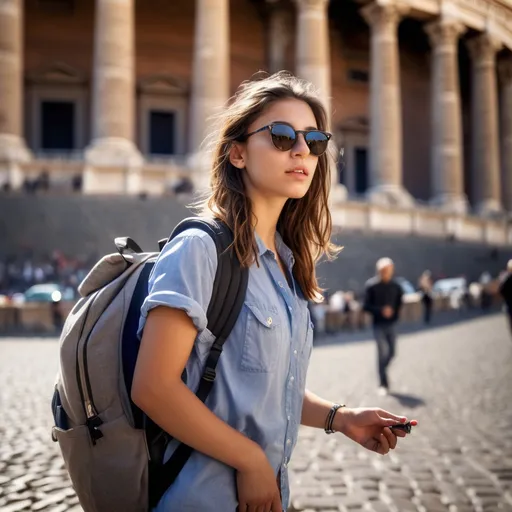 Prompt: Italian young woman touring in Rome, detailed clothing, realistic, natural lighting,  sunglasses, backpack