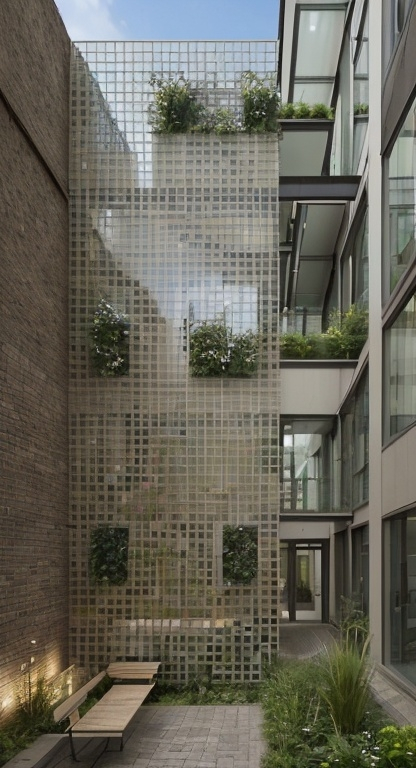 Prompt: Keep all geometry unchanged, only improve ambience, do not change any geometry> what you are seeing is an interior courtyard of a 5 storey building. You are looking at a full height wall of glass blocks. Behind it a zig zag staircase. in front of it on the right there is a full height glass elevator which is currently oon the 4th floor. In the courtyard in front of the glass blocks there is greenery and a small path, a bench, some stones and urban furniture for the residents to use