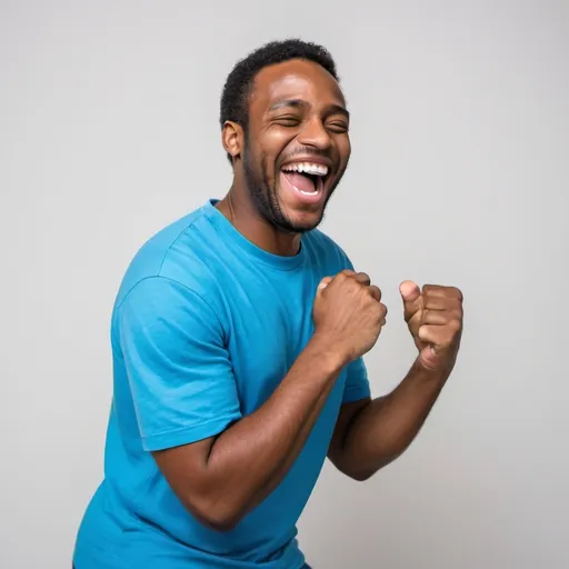 Prompt: A happy black guy laughing and celebrating because of weekend in a plain and pure white background with a blue T-shirt 