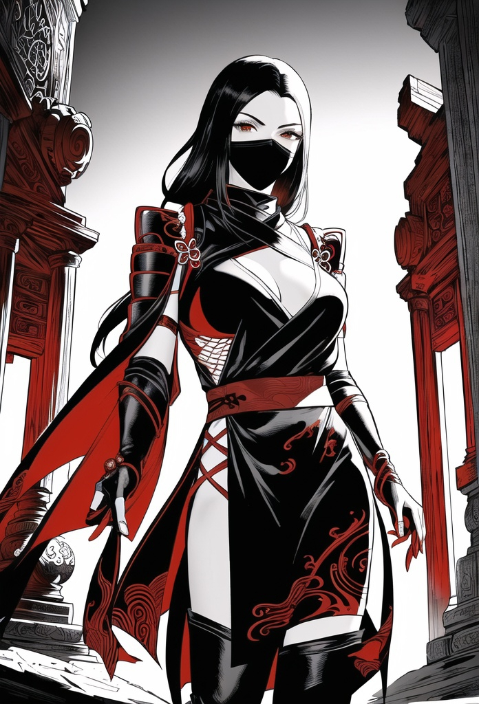 Prompt: ((Best quality)), ((masterpiece)), ((realistic)), ((beautiful female ninja)), in a striking red and black outfit, holding a pair of glowing orbs, standing in a mysterious ancient ruin, surrounded by intricate carvings and strange symbols, on eye level, scenic, masterpiece.