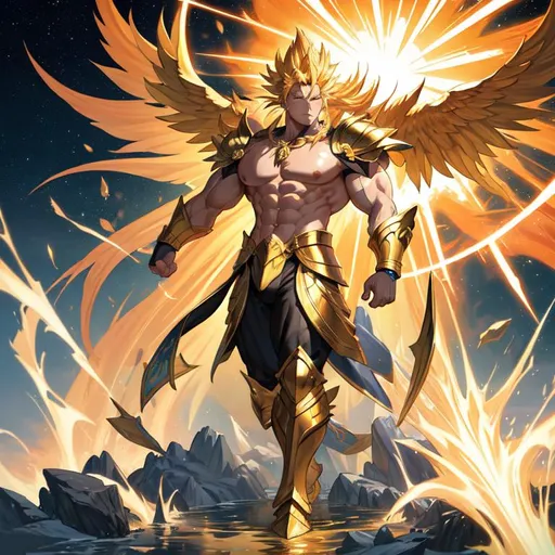 Prompt: masterpiece, acrylic painting, fantasy art, splash art, fighter, golden super saiyan hair, armor, body harnesses, muscular, master, chosen one, stoic, powerful, deadly, lethal, masculine, eyes closed, hyperdimensional, 3-point perspective, intricate detail, 8k resolution