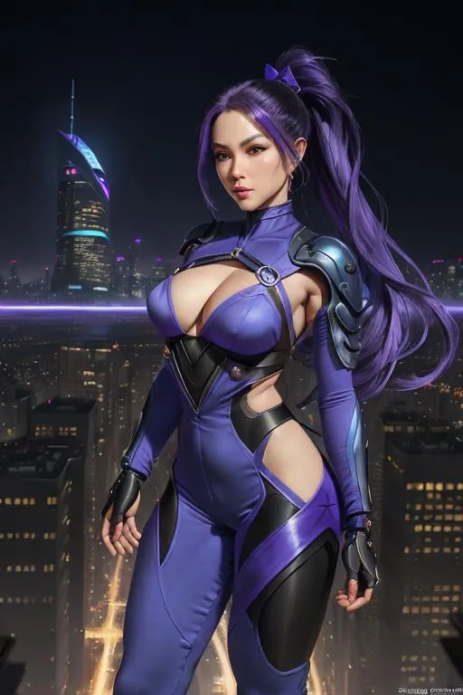 Prompt: ((Best quality)), ((Fantasy painting)), ((masterpiece)), ((realistic)), ((beautiful female ninja)), outfitted in a form-fitting blue and purple jumpsuit, armed with a high-tech energy bow, navigating a bustling cyber cityscape filled with flying cars and towering skyscrapers, on eye level, scenic, masterpiece.