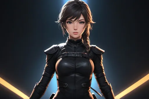 Prompt: ((Best quality)), ((masterpiece)), ((realistic)), anime, open brown hair, female ninja in a striking outfit, body harness, in a black void, ambient glow, multiple light sources