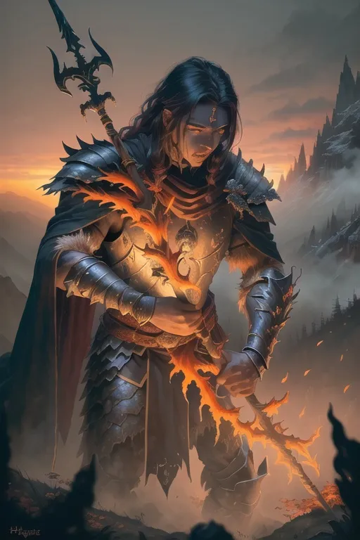 Prompt: ((Best quality)), ((masterpiece)), ((fantasy painting)), ((realistic)), ((terrifying male warrior)), clad in tattered, shadowy robes, carrying a cursed staff, overlooking an autumn landscape in the mountains with leaves ablaze in fiery hues, the ominous glow of the warrior's eyes matching the falling sunset, on eye level, scenic, masterpiece.