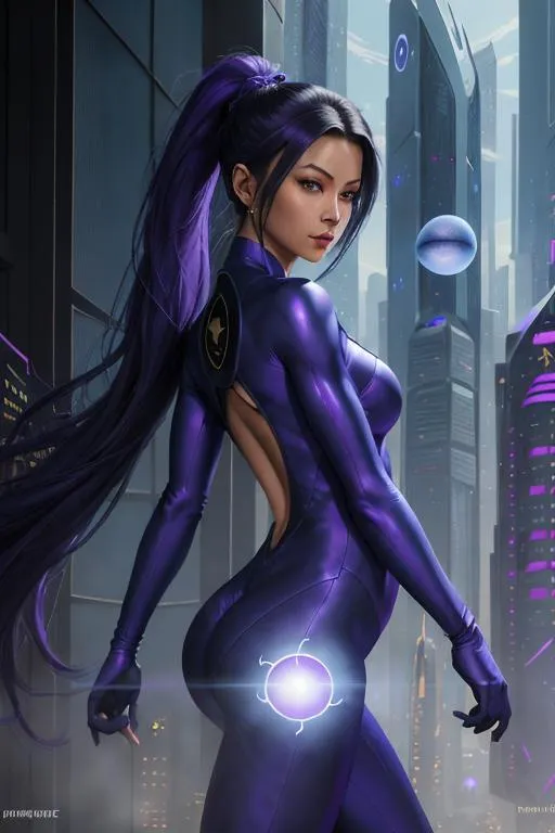 Prompt: ((Best quality)), ((Fantasy painting)), ((masterpiece)), ((realistic)), ((beautiful female ninja)), outfitted in a form-fitting blue and purple jumpsuit, holding a glowing orb, navigating a bustling cyber cityscape filled with flying cars and towering skyscrapers, on eye level, scenic, masterpiece.