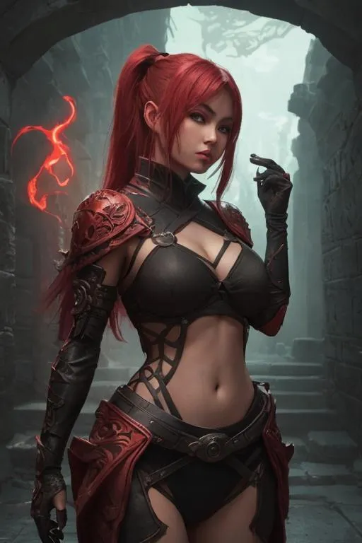 Prompt: ((fantasy painting)), ((3-point lighting)), ((lime light)), beautiful female ninja, in a striking red and black outfit, holding a pair of glowing orbs, standing in a mysterious ancient ruin, surrounded by intricate carvings and strange symbols, on eye level, scenic, masterpiece.
