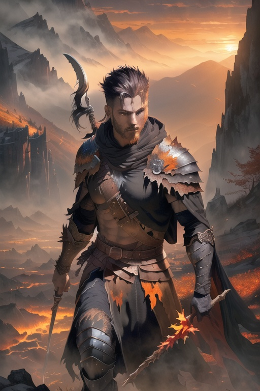 Prompt: ((Best quality)), ((masterpiece)), ((fantasy painting)), ((realistic)), ((terrifying male warrior)), clad in tattered, shadowy robes, carrying a cursed staff, overlooking an autumn landscape in the mountains with leaves ablaze in fiery hues, the ominous glow of the warrior's eyes matching the falling sunset, on eye level, scenic, masterpiece.