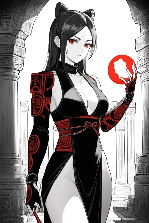 Prompt: ((Best quality)), ((masterpiece)), ((realistic)), ((beautiful female ninja)), in a striking red and black outfit, holding a pair of glowing orbs, standing in a mysterious ancient ruin, surrounded by intricate carvings and strange symbols, on eye level, scenic, masterpiece.