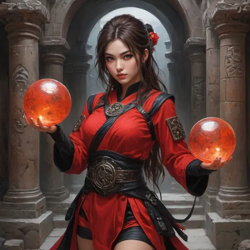 Prompt: ((Best quality)), ((masterpiece)), ((realistic)), acrylic painting, brown hair, onyx eyes, female ninja in a striking red and black outfit, holding a pair of glowing orbs, body harness, mysterious ancient ruin, serious aesthetic, intricate carvings and strange symbols, tesseract