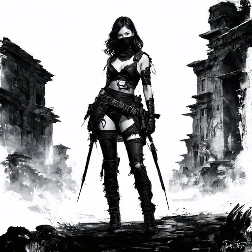 Prompt: (a drawing of a female model made with scribbles and messy lines, ballpoint pen and ink, monochrome), masked ninja in a striking outfit, tattered clothing, body harness, standing over ancient-city, gigantic vector landscape background, wide view, full frame, wide angle