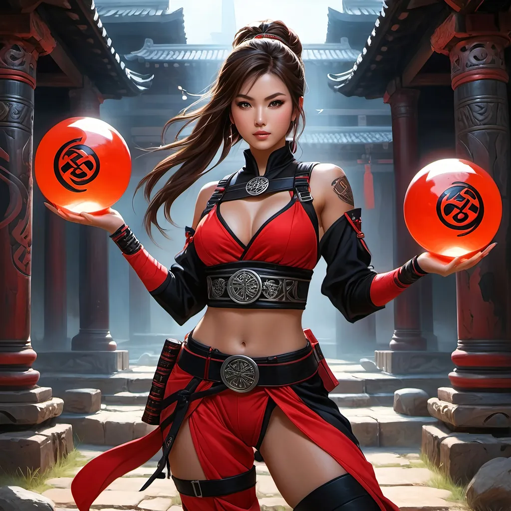 Prompt: ((Best quality)), ((masterpiece)), ((realistic)), acrylic painting, brown hair, onyx eyes, female ninja in a striking red and black outfit, holding a pair of glowing orbs, body harness, mysterious ancient ruin, serious aesthetic, intricate carvings and strange symbols, tesseract