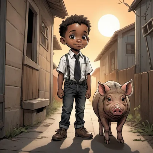 Prompt: a 5 year old, african american boy, wearing a shirt and tie, black jeans and squash shoes. he stands next to a wild boar piglet. the boy and piglet are in an alley. this is realized in a hand drawn style of a child. it's daytime, the sun is rising in the background.
