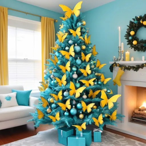 Prompt: a turquoise Christmas tree with yellow butterflies
