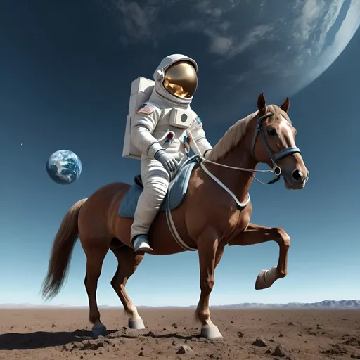 Prompt: 3d render of an astronaut on a horse, astronaut sitting on a horse, wide angle, by rené magritte: 75 | by vincent van gogh: 25, cinematic, 4k resolution, no other animals