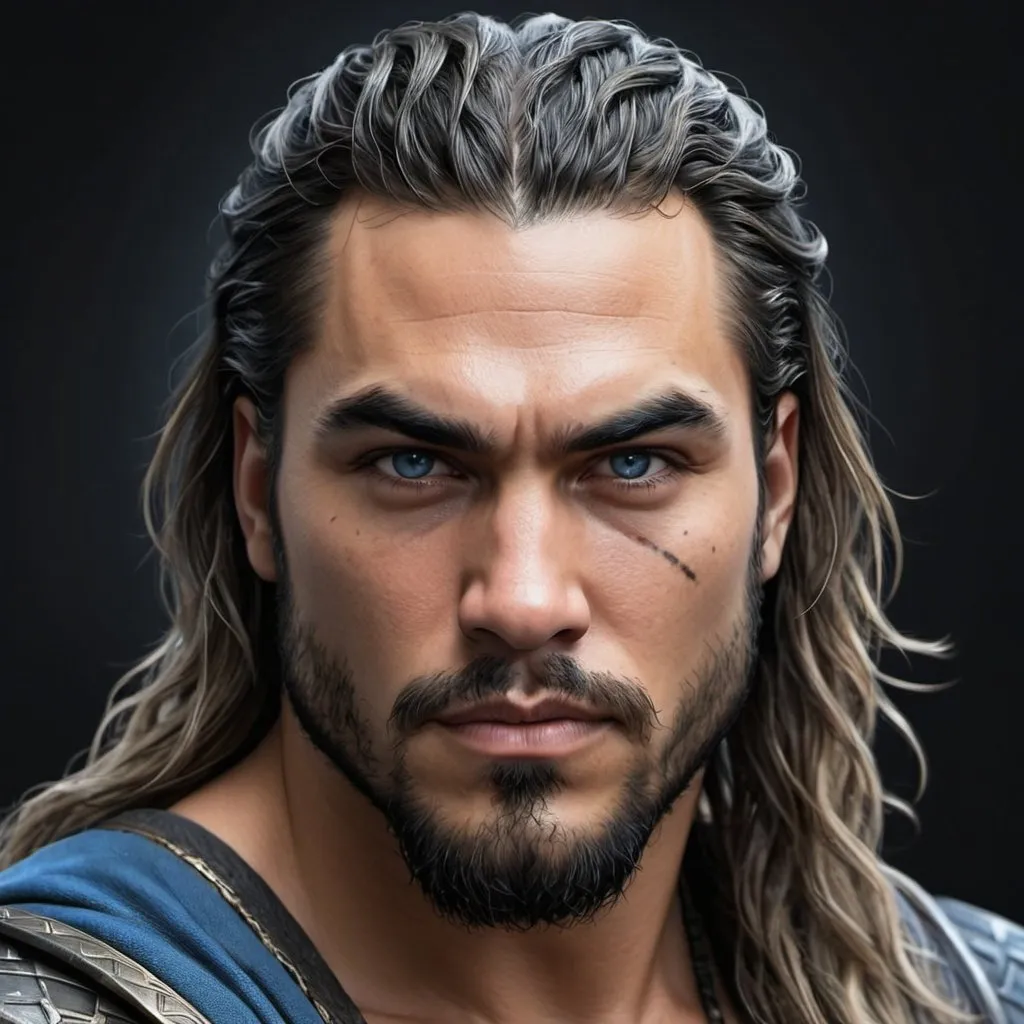 Prompt: ilustracion digital realista, hombre guapo, fiero, fuerte, pelo muy  largo, very long hair, pelo azul, armadura de obsidiana negra,  momoa, trenzas