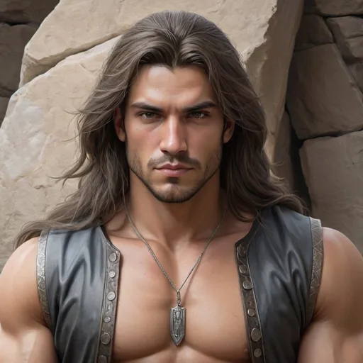 Prompt: ilustracion digital realista, hombre guapo, fiero, fuerte, guapo, pelo largo, very long hair, sentado trono de piedra, Can Yaman