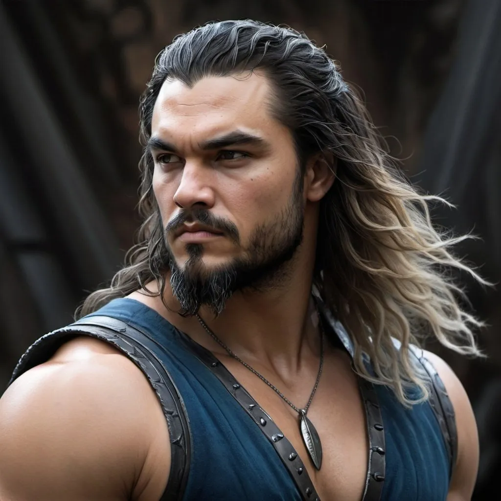 Prompt: ilustracion digital realista, hombre guapo, fiero, fuerte, pelo muy  largo, very long hair, pelo azul, armadura de obsidiana negra,  momoa