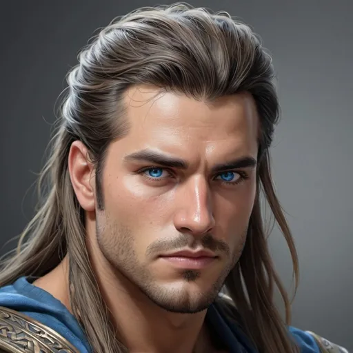 Prompt: ilustracion digital realista, hombre guapo, fiero, fuerte, guapo, pelo largo, very long hair, sentado trono de piedra, Can Yaman, trenzas, blue eyes