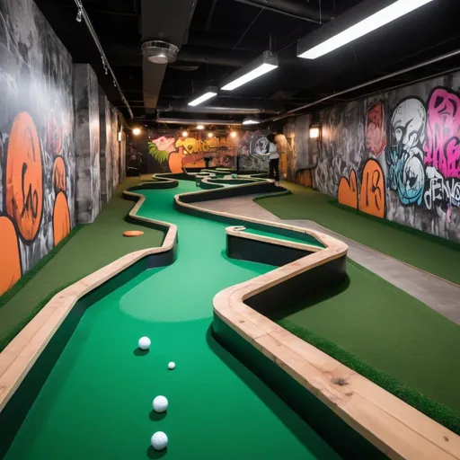 Prompt: An indoor minigolf course with an urban new york underground and hip hop theme
