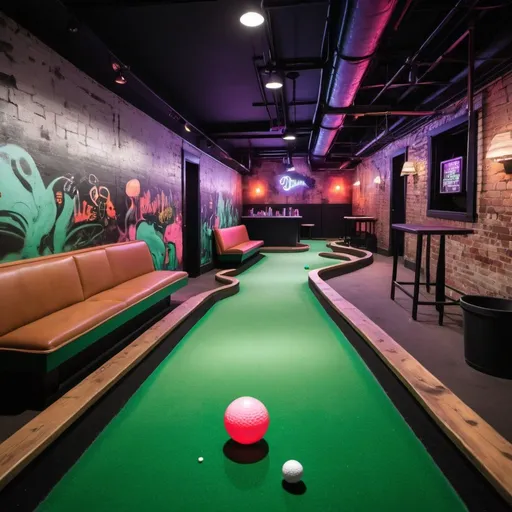 Prompt: An indoor minigolf course with an urban new york underground, music, neon and smoke lounge theme
