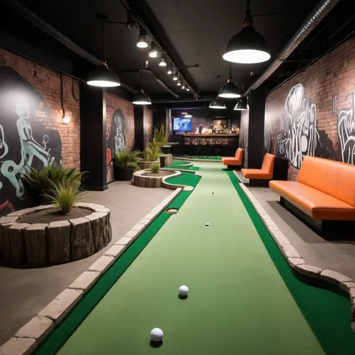 Prompt: An indoor minigolf course with an urban new york underground and smoke lounge theme
