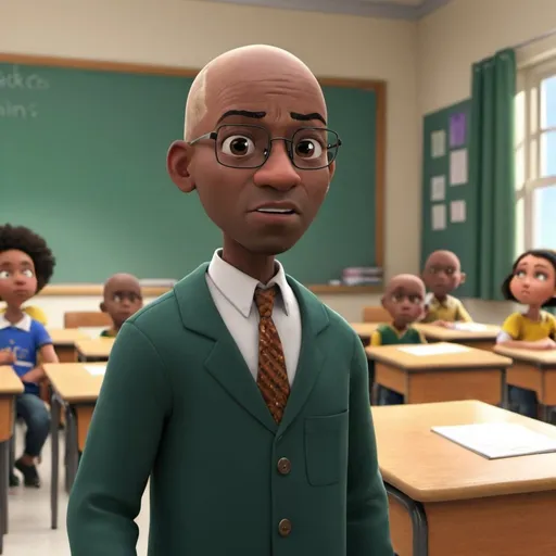 Prompt: An animated African Bald head man in a classroom standing up
