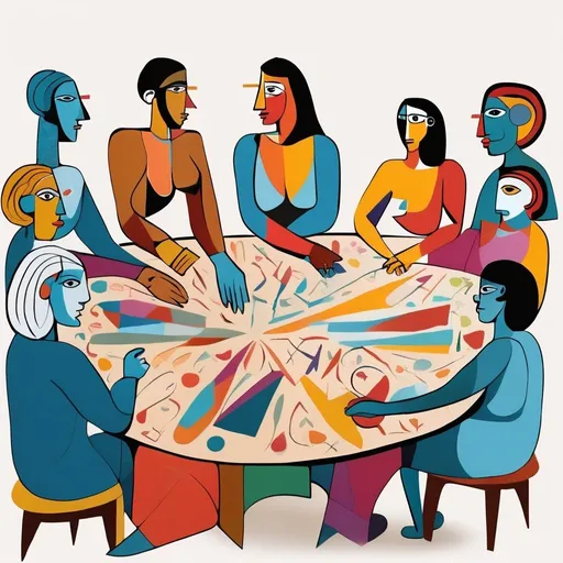 Prompt: Una mesa de reuniones con personas de diferentes etnias y géneros discutiendo estrategias, simbolizando diversidad y toma de decisiones colaborativa., Picasso style,