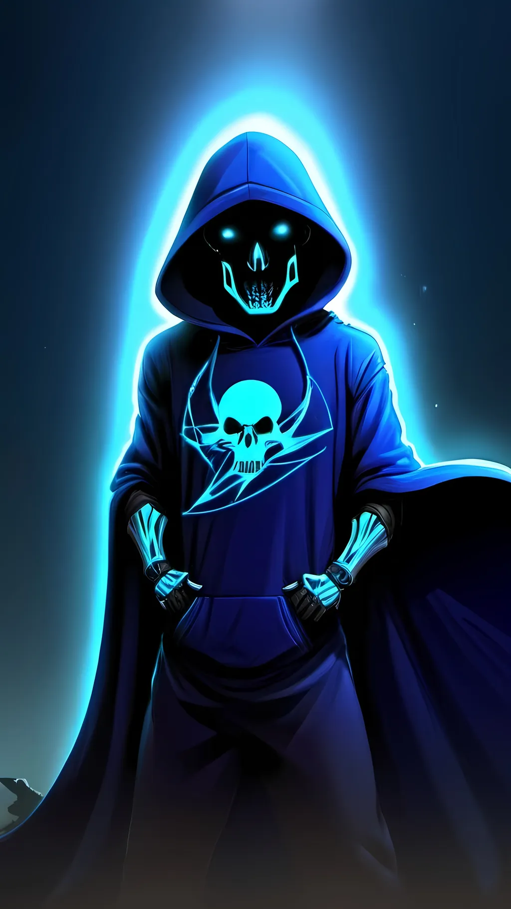 Prompt: (futuristic sci-fi cartoon reaper), wearing a (blue hoodie), equipped with (a sleek helmet) and (a flowing cape), featuring (dynamic armor), illustrated as (concept art) in a (dark color scheme), showcasing a blend of (intricate details) and (stylized elements), embedded in a (sots art) aesthetic, surrounded by a (mysterious digital landscape), ultra-detailed, high quality.